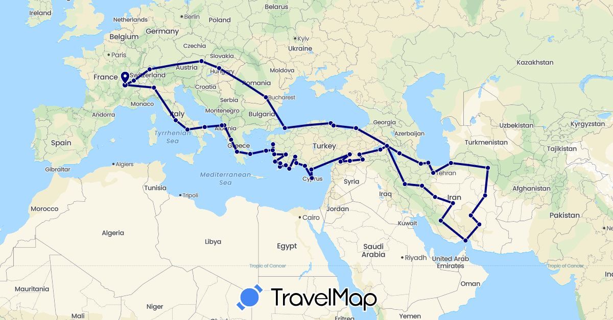 TravelMap itinerary: driving in Albania, Armenia, Austria, Switzerland, Cyprus, France, Georgia, Greece, Hungary, Iran, Italy, Romania, Turkey (Asia, Europe)